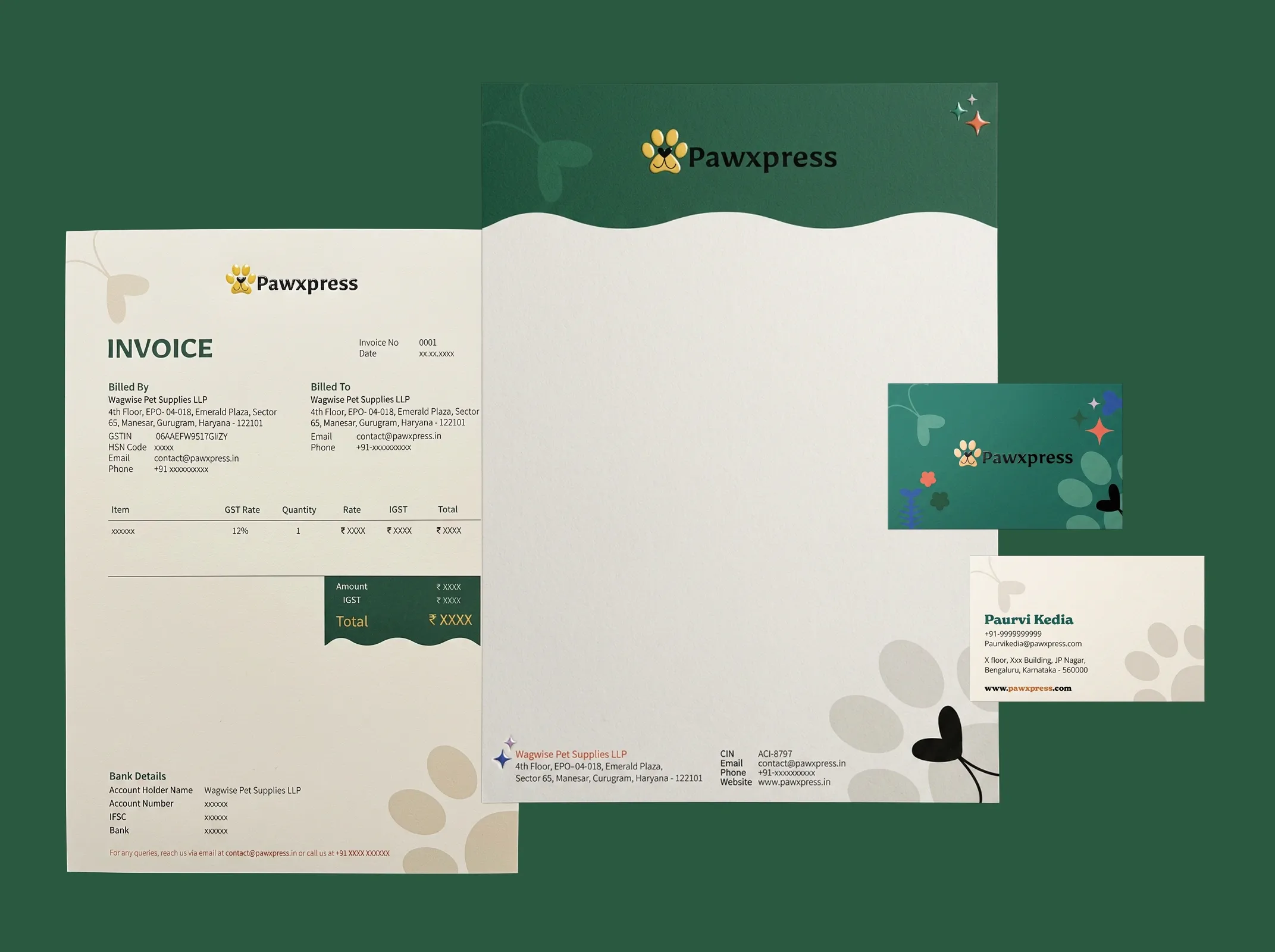Pawxpress stationery kit — business card, invoice and letterhead